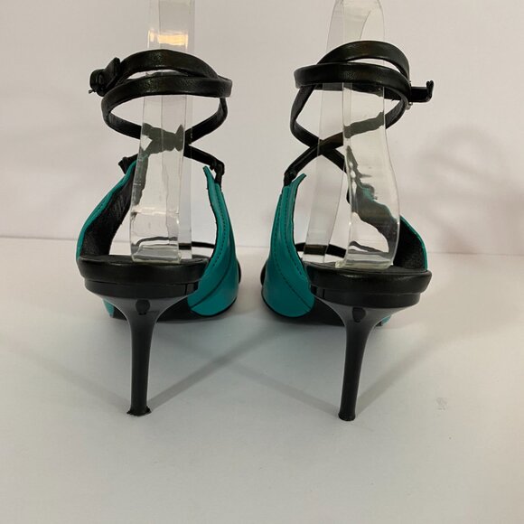 L.A.M.B. Bambi Pumps Teal Black Leather Heels 6.5 Ankle Strap - Picture 5 of 11